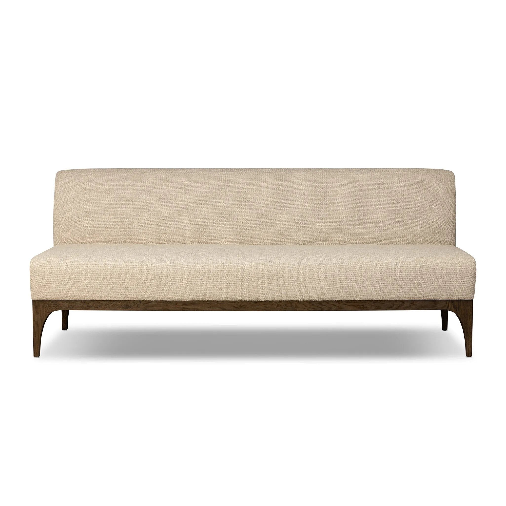 This timeless piece works seamlessly into a wide range of styles and collections. With tapered wooden legs with a small curve detail and an armless silhouette for ease and flexibility around a dining banquette. Upholstered in a beautifully neutral performance fabric, connected with alligator clips at the bottom. Amethyst Home provides interior design, new home construction design consulting, vintage area rugs, and lighting in the Des Moines metro area.