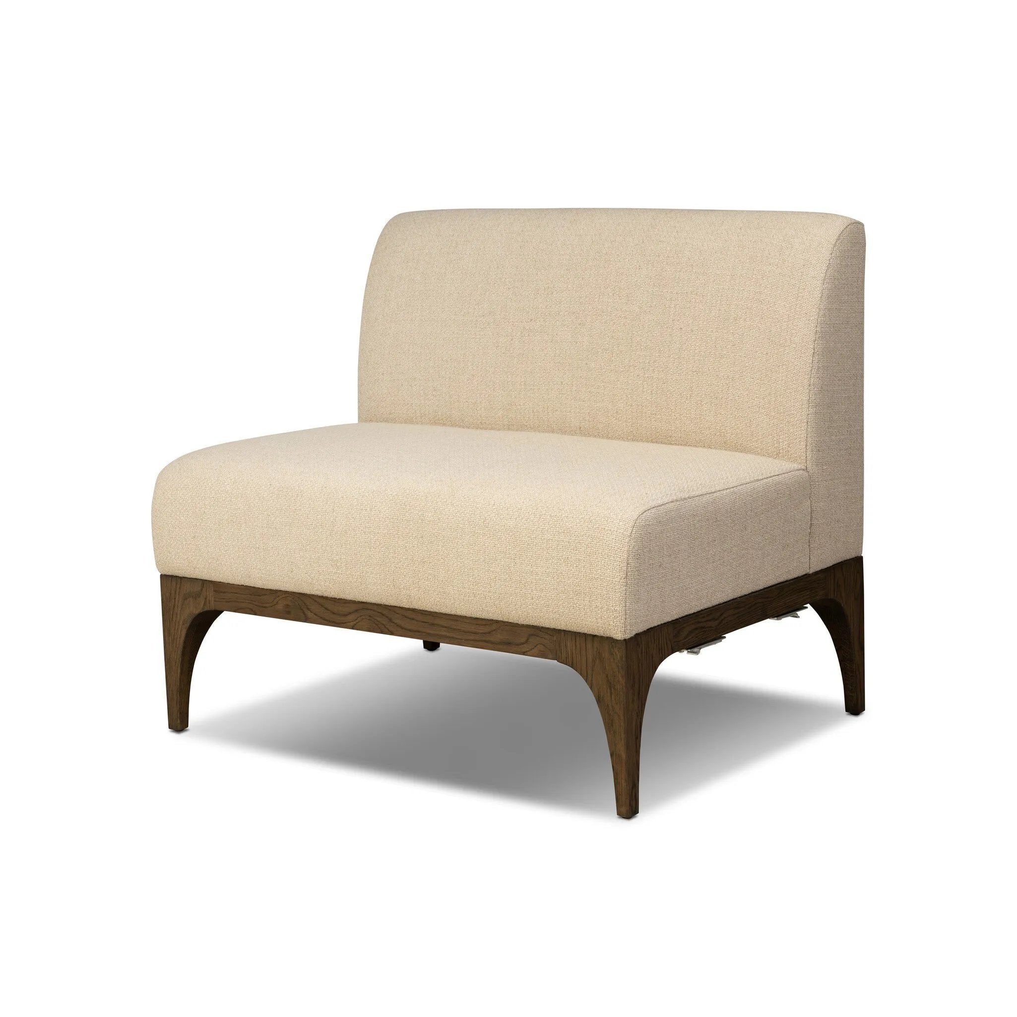 This timeless piece works seamlessly into a wide range of styles and collections. With tapered wooden legs with a small curve detail and an armless silhouette for ease and flexibility around a dining banquette. Upholstered in a beautifully neutral performance fabric, connected with alligator clips at the bottom. Amethyst Home provides interior design, new home construction design consulting, vintage area rugs, and lighting in the Laguna Beach metro area.