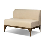 This timeless piece works seamlessly into a wide range of styles and collections. With tapered wooden legs with a small curve detail and an armless silhouette for ease and flexibility around a dining banquette. Upholstered in a beautifully neutral performance fabric, connected with alligator clips at the bottom. Amethyst Home provides interior design, new home construction design consulting, vintage area rugs, and lighting in the Portland metro area.
