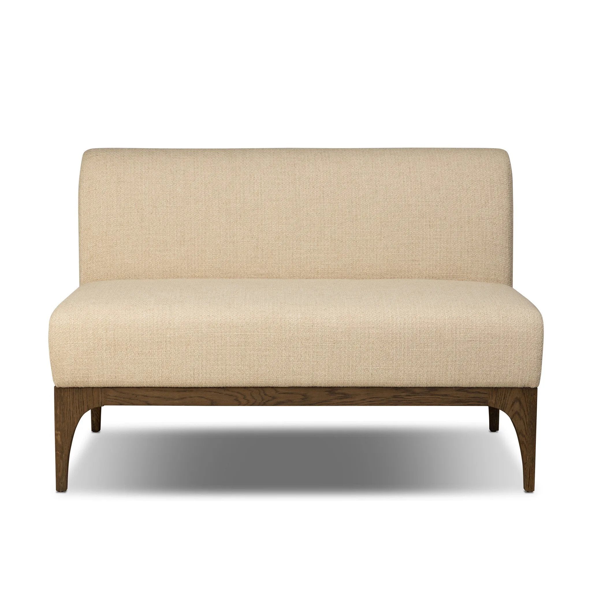This timeless piece works seamlessly into a wide range of styles and collections. With tapered wooden legs with a small curve detail and an armless silhouette for ease and flexibility around a dining banquette. Upholstered in a beautifully neutral performance fabric, connected with alligator clips at the bottom. Amethyst Home provides interior design, new home construction design consulting, vintage area rugs, and lighting in the San Diego metro area.