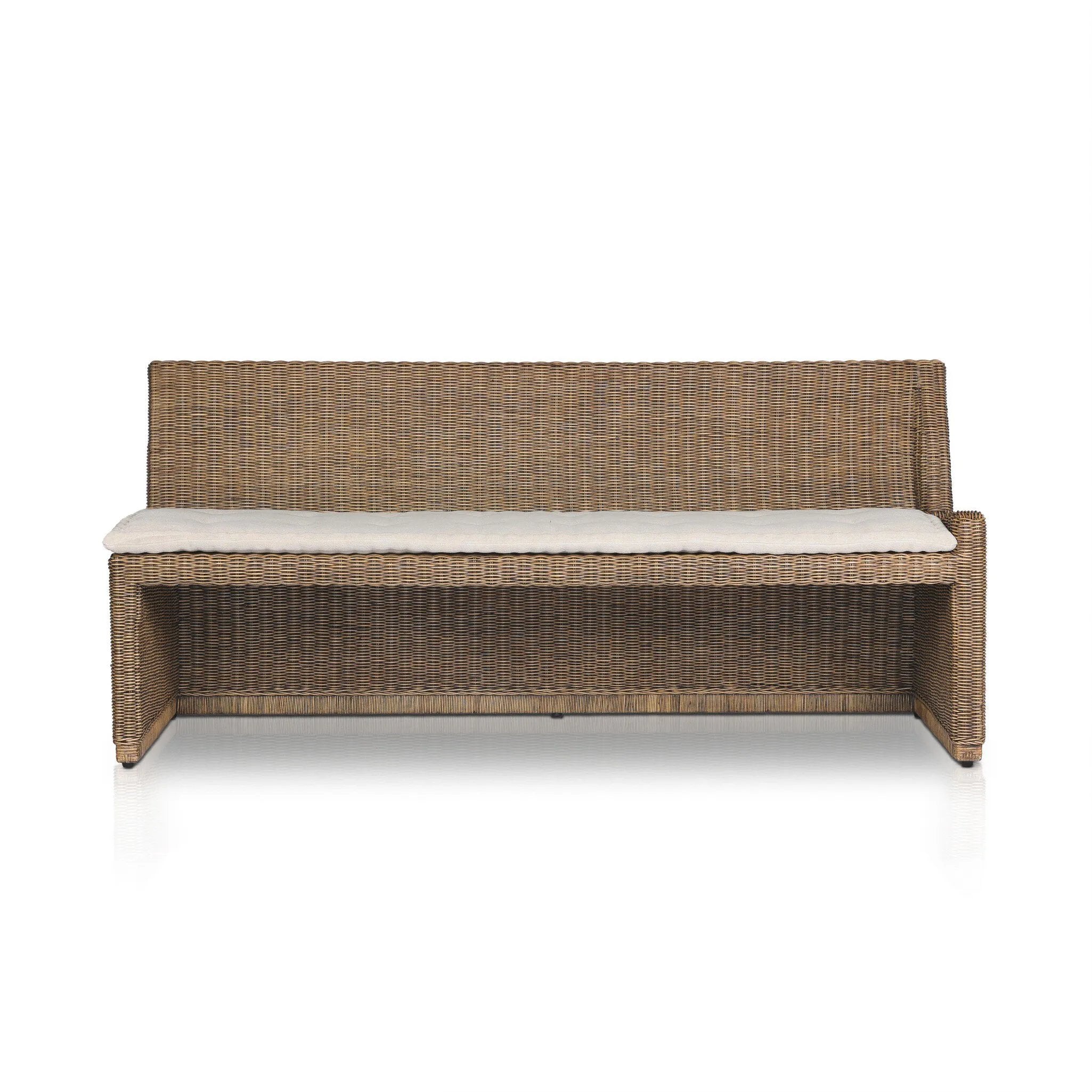 Antique-inspired coastal style. Rattan introduces varying natural shades and texture to this dining bench, and the frame's soft lines and fabric cushion invite a comfortable sit. Option to style alone or pair with other pieces in the collection. A design collaboration by Amber Lewis and Four Hands. Winner of the Domino Good Design Awards 2024. Amethyst Home provides interior design, new home construction design consulting, vintage area rugs, and lighting in the Charlotte metro area.