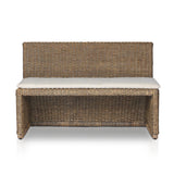 Antique-inspired coastal style. Rattan introduces varying natural shades and texture to this dining bench, and the frame's soft lines and fabric cushion invite a comfortable sit. Option to style alone or pair with other pieces in the collection. A design collaboration by Amber Lewis and Four Hands. Winner of the Domino Good Design Awards 2024. Amethyst Home provides interior design, new home construction design consulting, vintage area rugs, and lighting in the San Diego metro area.