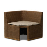 Antique-inspired coastal style. Rattan introduces varying natural shades and texture to this dining bench, and the frame's soft lines and beige and white striped fabric cushion invite a comfortable sit. Option to style alone or pair with other pieces in the collection. A design collaboration by Amber Lewis and Four Hands. Amethyst Home provides interior design, new home construction design consulting, vintage area rugs, and lighting in the Alpharetta metro area.