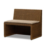 Antique-inspired coastal style. Rattan introduces varying natural shades and texture to this dining bench, and the frame's soft lines and beige and white striped fabric cushion invite a comfortable sit. Option to style alone or pair with other pieces in the collection. A design collaboration by Amber Lewis and Four Hands. Amethyst Home provides interior design, new home construction design consulting, vintage area rugs, and lighting in the Boston metro area.
