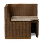 Antique-inspired coastal style. Rattan introduces varying natural shades and texture to this dining bench, and the frame's soft lines and beige and white striped fabric cushion invite a comfortable sit. Option to style alone or pair with other pieces in the collection. A design collaboration by Amber Lewis and Four Hands. Amethyst Home provides interior design, new home construction design consulting, vintage area rugs, and lighting in the Houston metro area.