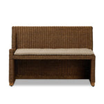 Antique-inspired coastal style. Rattan introduces varying natural shades and texture to this dining bench, and the frame's soft lines and beige and white striped fabric cushion invite a comfortable sit. Option to style alone or pair with other pieces in the collection. A design collaboration by Amber Lewis and Four Hands. Amethyst Home provides interior design, new home construction design consulting, vintage area rugs, and lighting in the Monterey metro area.