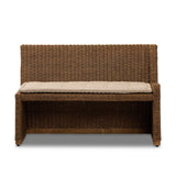 Antique-inspired coastal style. Rattan introduces varying natural shades and texture to this dining bench, and the frame's soft lines and beige and white striped fabric cushion invite a comfortable sit. Option to style alone or pair with other pieces in the collection. A design collaboration by Amber Lewis and Four Hands. Amethyst Home provides interior design, new home construction design consulting, vintage area rugs, and lighting in the Newport Beach metro area.