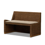 Antique-inspired coastal style. Rattan introduces varying natural shades and texture to this dining bench, and the frame's soft lines and beige and white striped fabric cushion invite a comfortable sit. Option to style alone or pair with other pieces in the collection. A design collaboration by Amber Lewis and Four Hands. Amethyst Home provides interior design, new home construction design consulting, vintage area rugs, and lighting in the Scottsdale metro area.