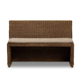 Antique-inspired coastal style. Rattan introduces varying natural shades and texture to this dining bench, and the frame's soft lines and beige and white striped fabric cushion invite a comfortable sit. Option to style alone or pair with other pieces in the collection. A design collaboration by Amber Lewis and Four Hands. Amethyst Home provides interior design, new home construction design consulting, vintage area rugs, and lighting in the Winter Garden metro area.