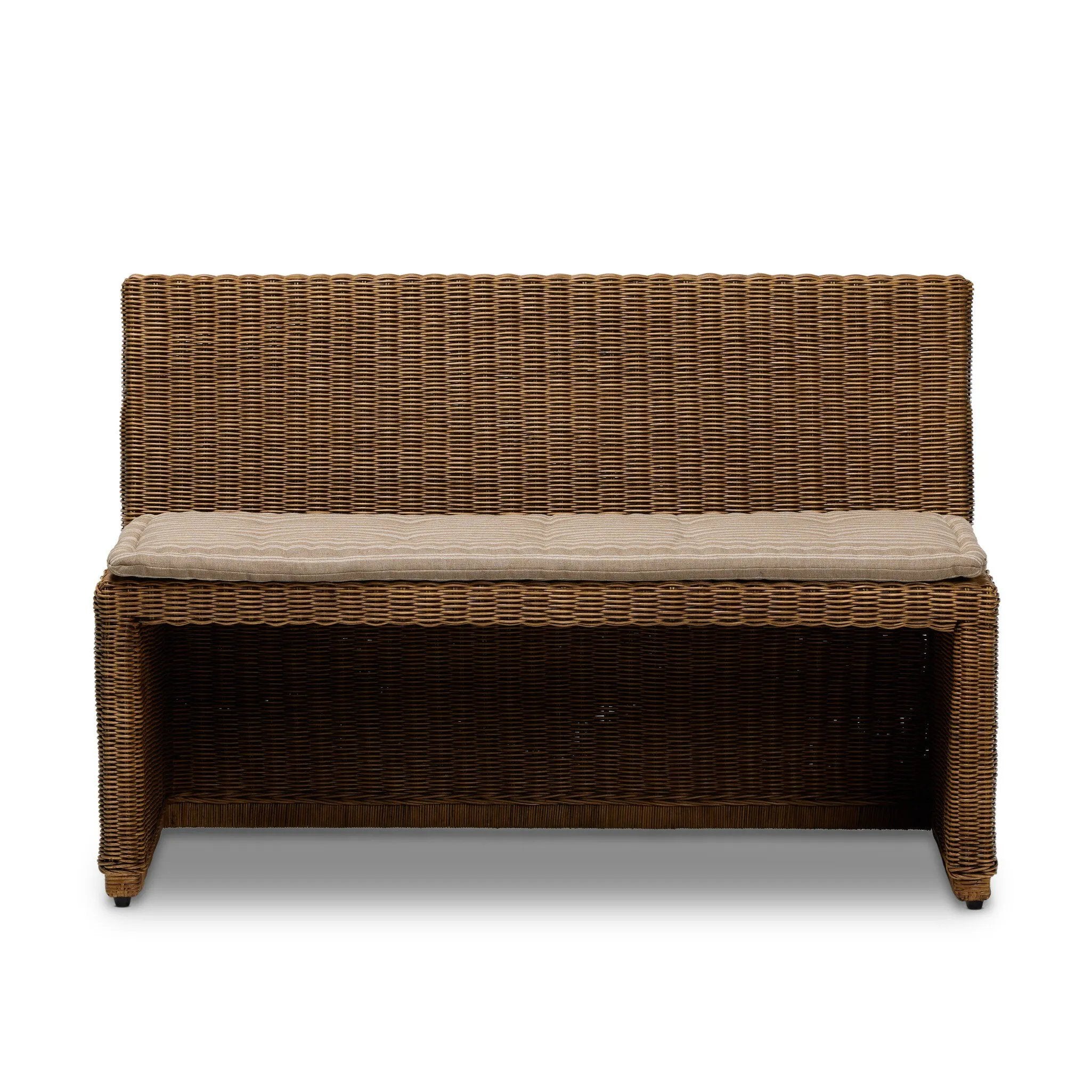 Antique-inspired coastal style. Rattan introduces varying natural shades and texture to this dining bench, and the frame's soft lines and beige and white striped fabric cushion invite a comfortable sit. Option to style alone or pair with other pieces in the collection. A design collaboration by Amber Lewis and Four Hands. Amethyst Home provides interior design, new home construction design consulting, vintage area rugs, and lighting in the Winter Garden metro area.