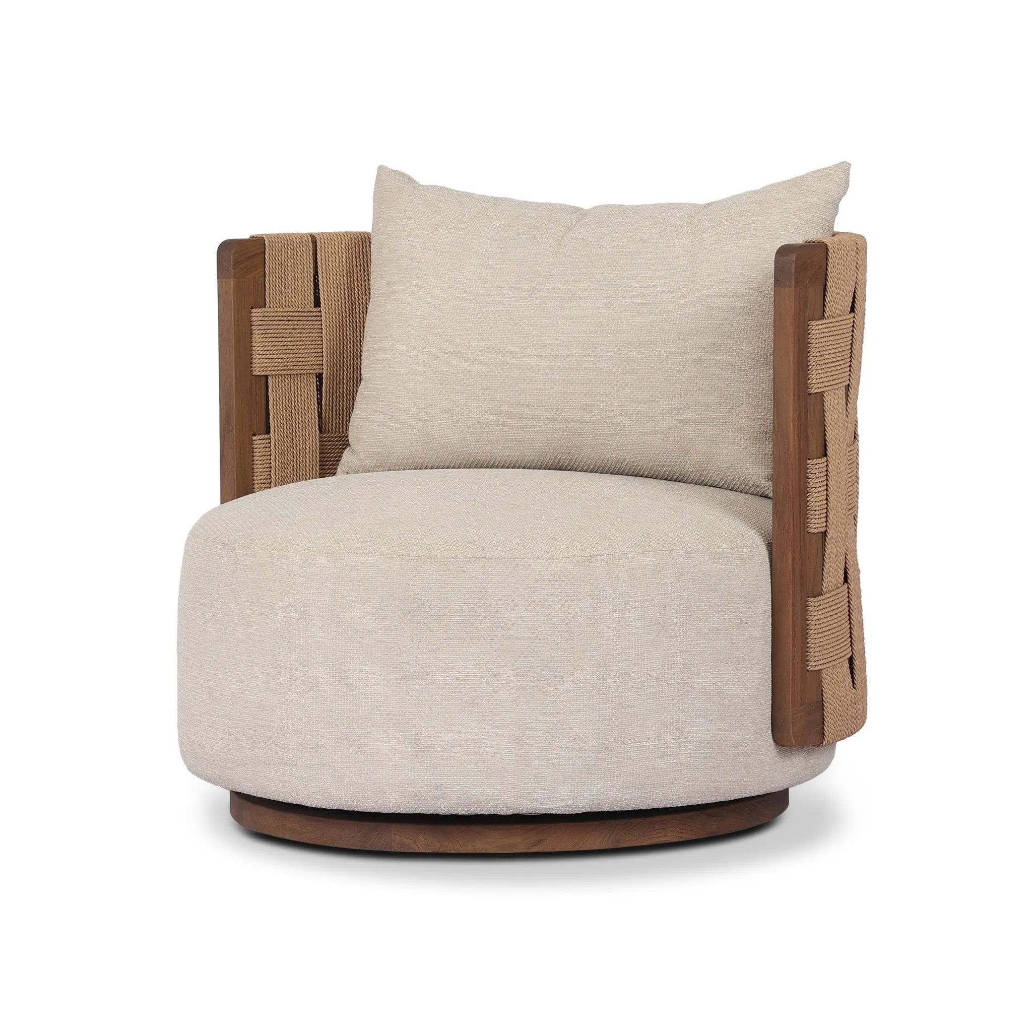 A material statement. A cocoon-like exposed frame of FSC®-certified teak features chunky weaving for a rich look that complements an upholstered seat and back cushion — all atop a 360-degree swivel base. Cover or store indoors during inclement weather and when not in use Amethyst Home provides interior design, new home construction design consulting, vintage area rugs, and lighting in the Calabasas metro area.