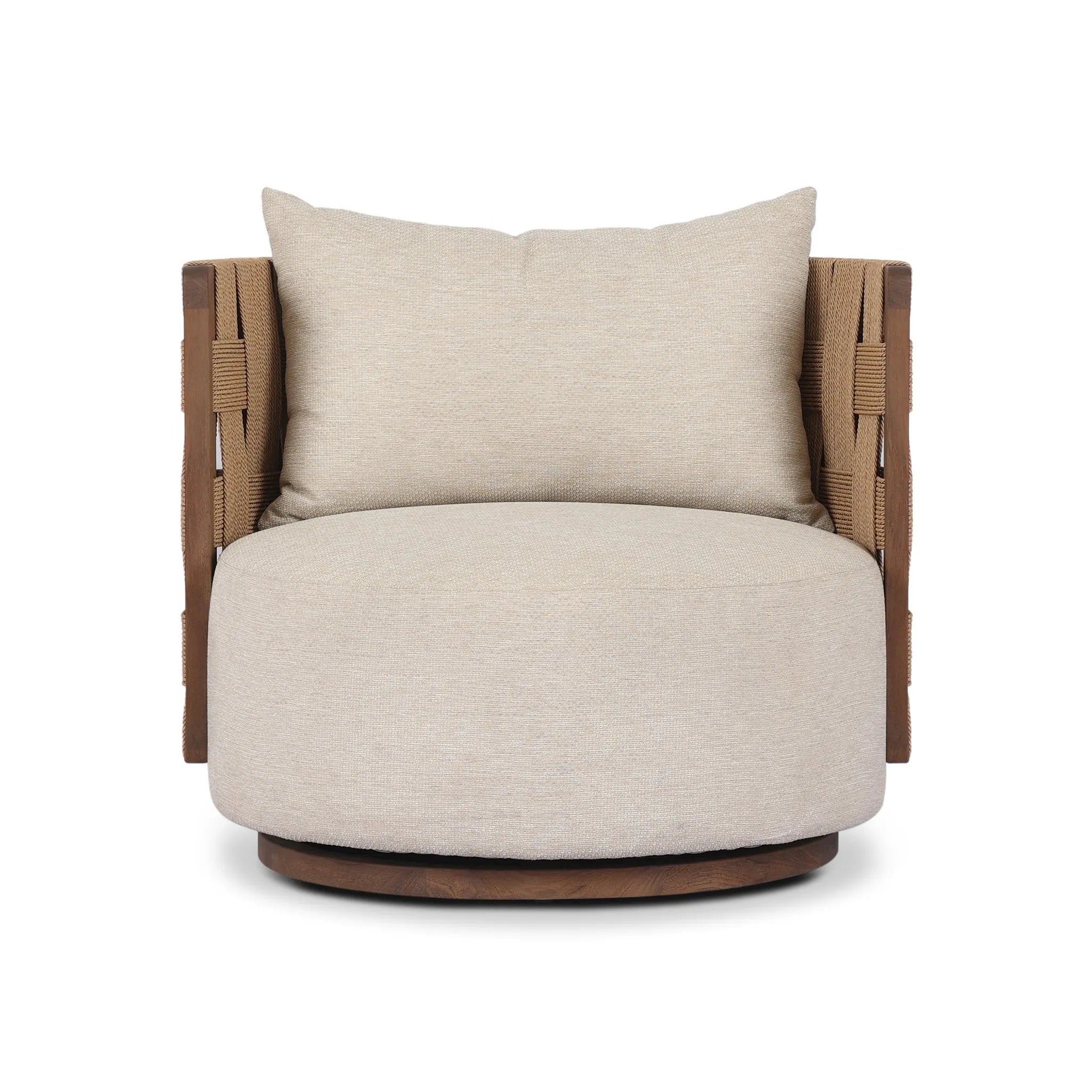 A material statement. A cocoon-like exposed frame of FSC®-certified teak features chunky weaving for a rich look that complements an upholstered seat and back cushion — all atop a 360-degree swivel base. Cover or store indoors during inclement weather and when not in use Amethyst Home provides interior design, new home construction design consulting, vintage area rugs, and lighting in the Newport Beach metro area.