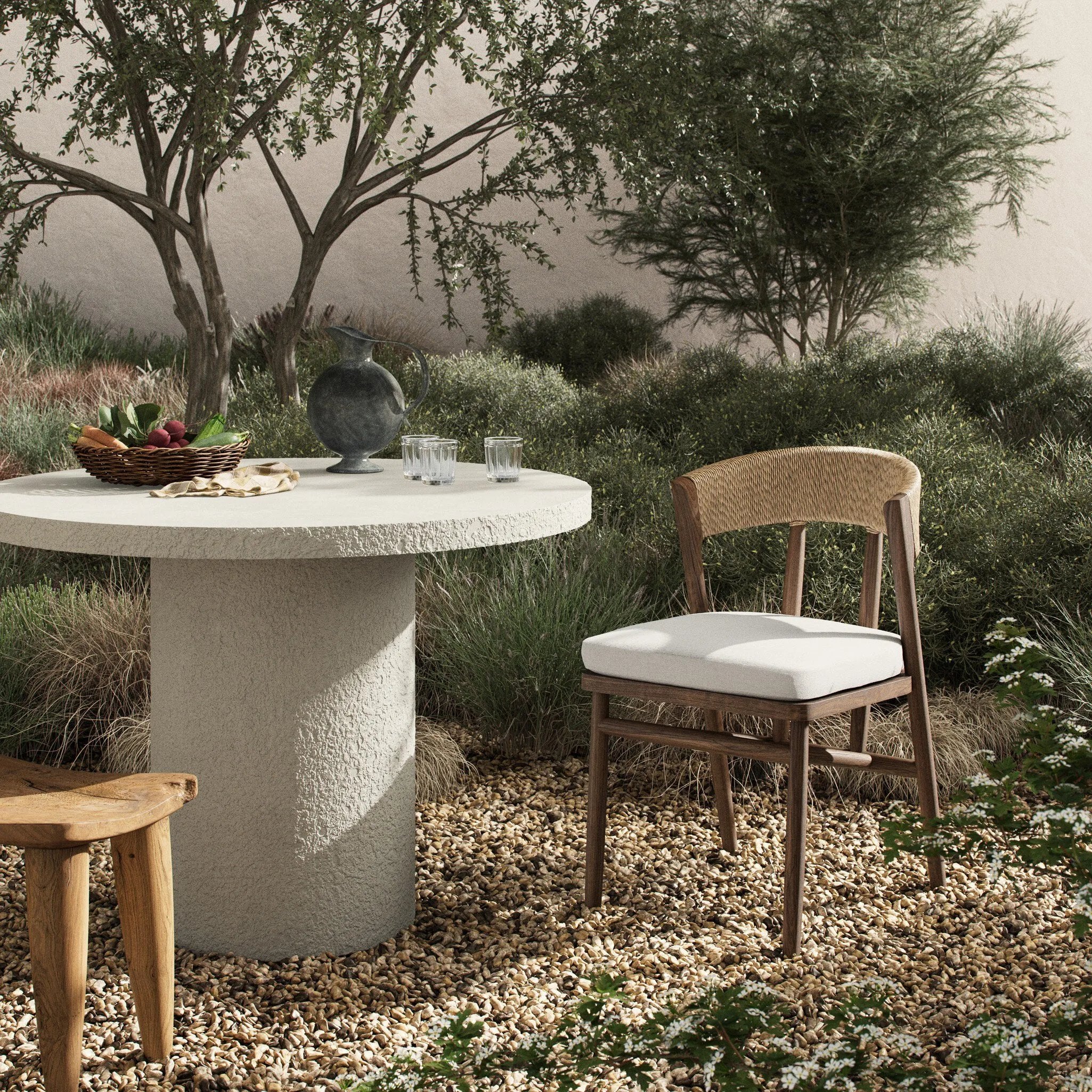 The traditional whistler chair, reimagined for the great outdoors. Crafted from FSC®-certified teak, tapered legs extend to a woven back of faux hyacinth, complete with a soft, durable seat cushion. Cover or store indoors during inclement weather and when not in use Amethyst Home provides interior design, new home construction design consulting, vintage area rugs, and lighting in the Calabasas metro area.