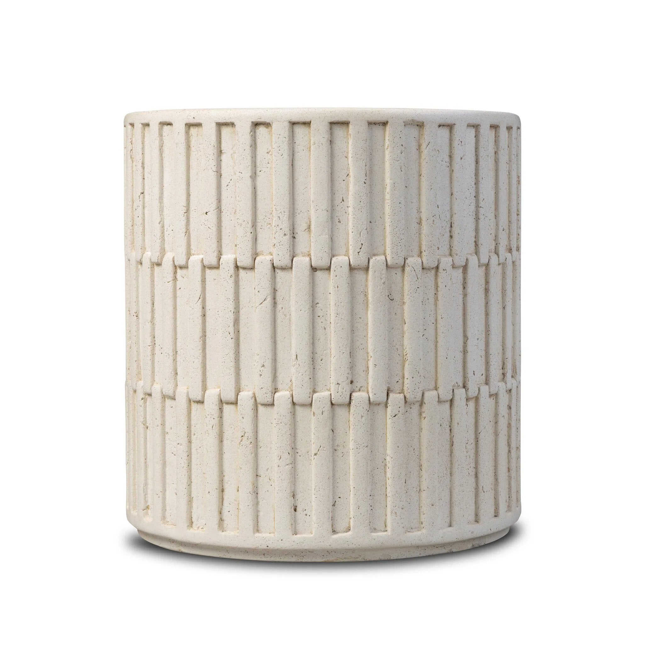 Cast concrete shapes a drum-style outdoor end table, with a linear pattern layered for added texture. Finished with a parchment-like textural feel. Cover or store inside during inclement weather and when not in use.As enthusiasts of luxe style at Amethyst, we love the optimistic inspired Callisto Outdoor End Table - Aged White Concrete. Amethyst Home provides interior design, new home construction design consulting, vintage area rugs, and lighting in the Austin metro area.