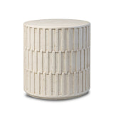 Cast concrete shapes a drum-style outdoor end table, with a linear pattern layered for added texture. Finished with a parchment-like textural feel. Cover or store inside during inclement weather and when not in use.As enthusiasts of luxe style at Amethyst, we love the optimistic inspired Callisto Outdoor End Table - Aged White Concrete. Amethyst Home provides interior design, new home construction design consulting, vintage area rugs, and lighting in the Miami metro area.