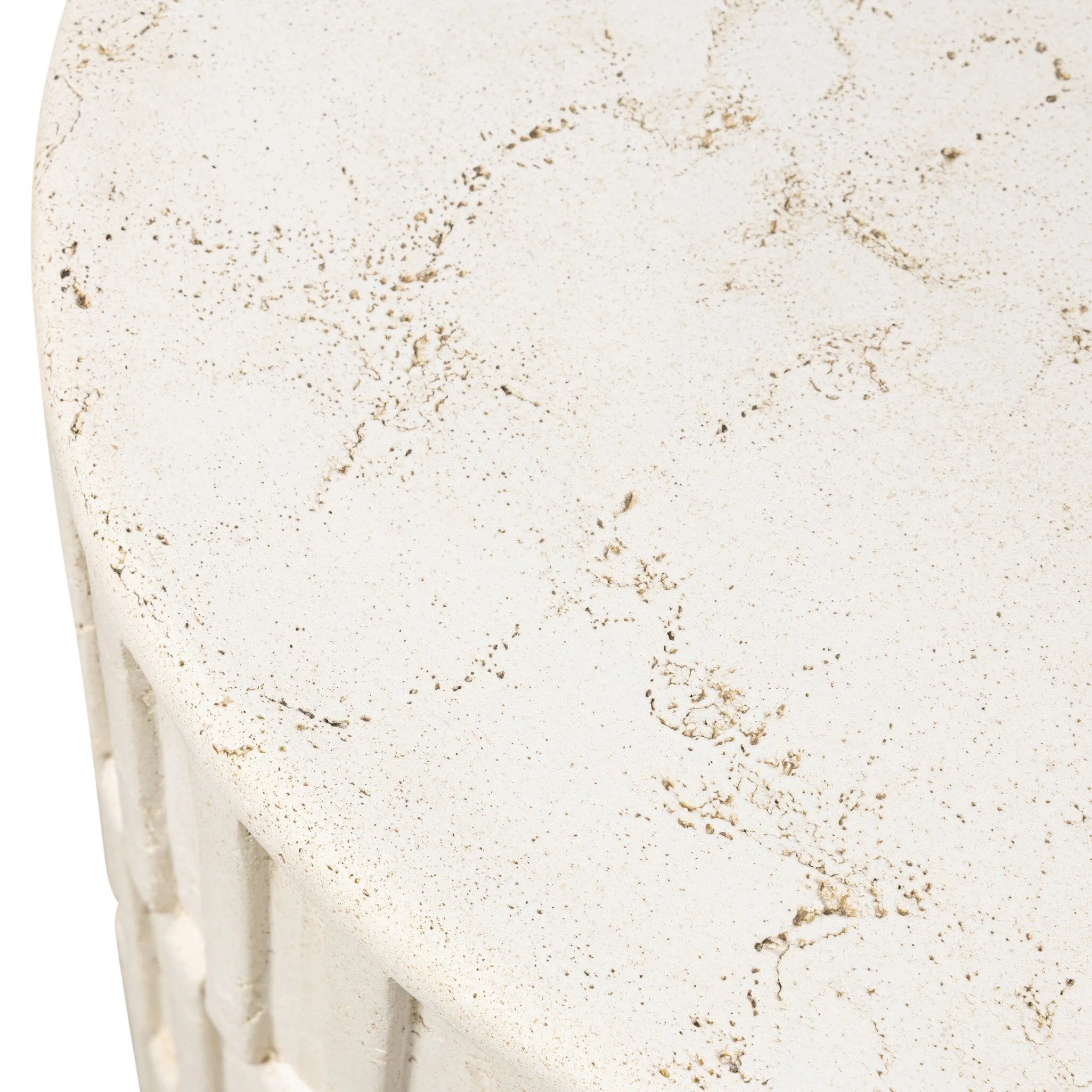 Cast concrete shapes a drum-style outdoor end table, with a linear pattern layered for added texture. Finished with a parchment-like textural feel. Cover or store inside during inclement weather and when not in use.As enthusiasts of luxe style at Amethyst, we love the optimistic inspired Callisto Outdoor End Table - Aged White Concrete. Amethyst Home provides interior design, new home construction design consulting, vintage area rugs, and lighting in the San Diego metro area.