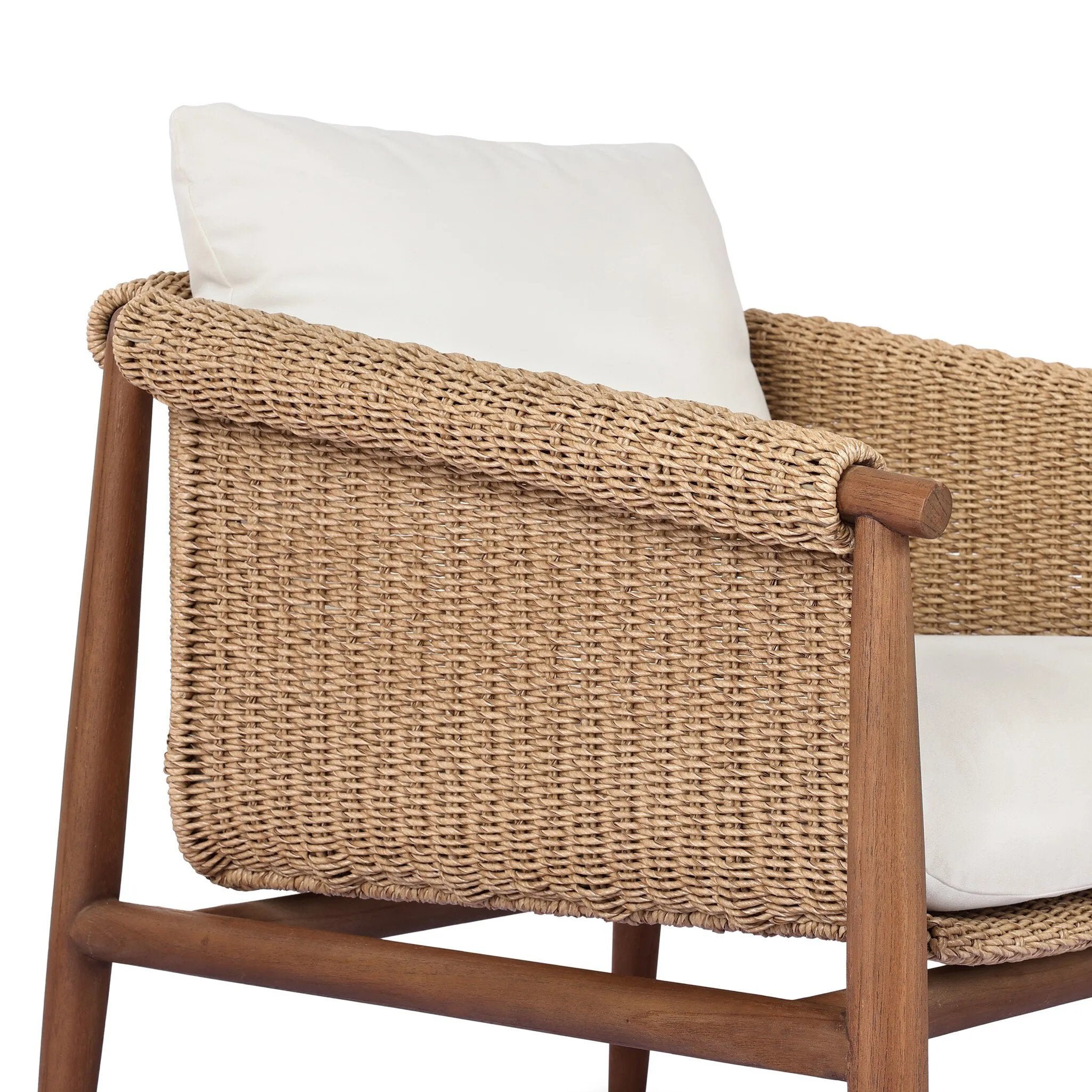 Featuring Cambrie Arashi Salt Outdoor Chair by Four Hands at Amethyst Home. Bring home vintage inspiration. The sling shape of this outdoor chair features a reimagined bucket seat in woven faux hyacinth, finished with rounded tapered legs that mirror the shape of the frame. Cover or store indoors during inclement weather and when not in use. Overall Dimen. Amethyst Home provides interior design, new home construction design consulting, vintage area rugs, and lighting in the Los Angeles metro area.