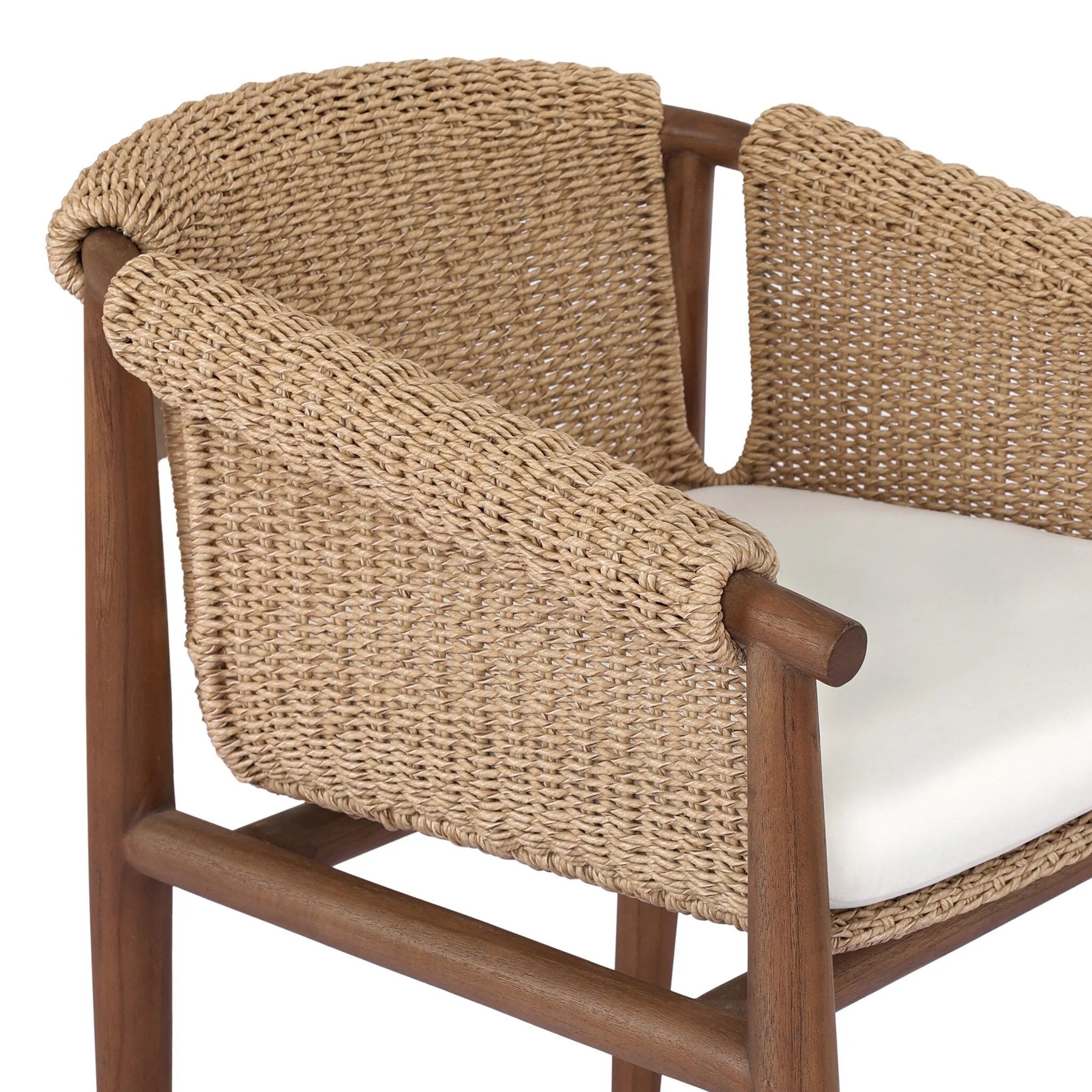 Featuring Cambrie Arashi Salt Outdoor Dining Chair by Four Hands at Amethyst Home. Bring home vintage inspiration. The sling shape of this outdoor dining chair features a reimagined bucket seat in woven faux hyacinth, finished with rounded tapered legs that mirror the shape of the frame. Cover or store indoors during inclement weather and when not in use. O. Amethyst Home provides interior design, new home construction design consulting, vintage area rugs, and lighting in the Calabasas metro area.
