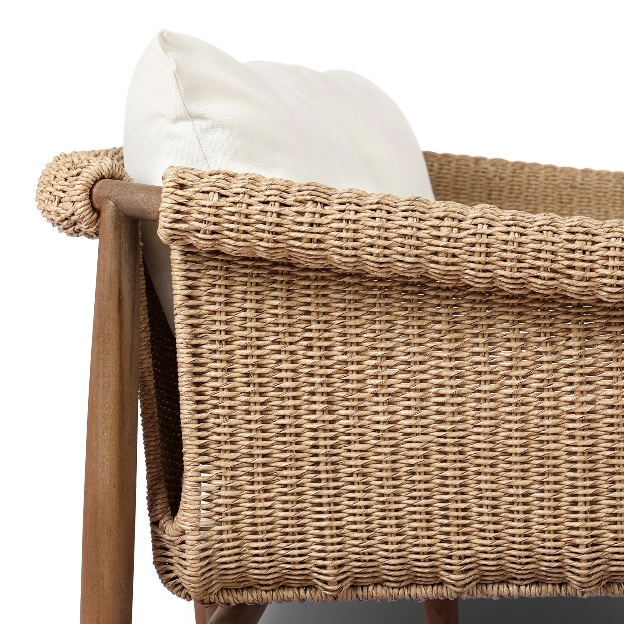 Featuring Cambrie Arashi Salt Outdoor Sofa 76" by Four Hands at Amethyst Home. Bring home vintage inspiration. The sling shape of this outdoor sofa features a reimagined bucket seat in woven faux hyacinth, finished with rounded tapered legs that mirror the shape of the frame. Cover or store indoors during inclement weather and when not in use. Overall Dimens. Amethyst Home provides interior design, new home construction design consulting, vintage area rugs, and lighting in the Portland metro area.