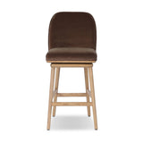 Solid ash wood forms a subtly curved back on this everyday counter stool. Its open frame and seat features rounded edges for a softer look throughout. Its plush cushioned seat and tall back are upholstered in a surrey mink velvet fabric. Designed with a 360-degree swivel Amethyst Home provides interior design, new home construction design consulting, vintage area rugs, and lighting in the Laguna Beach metro area.