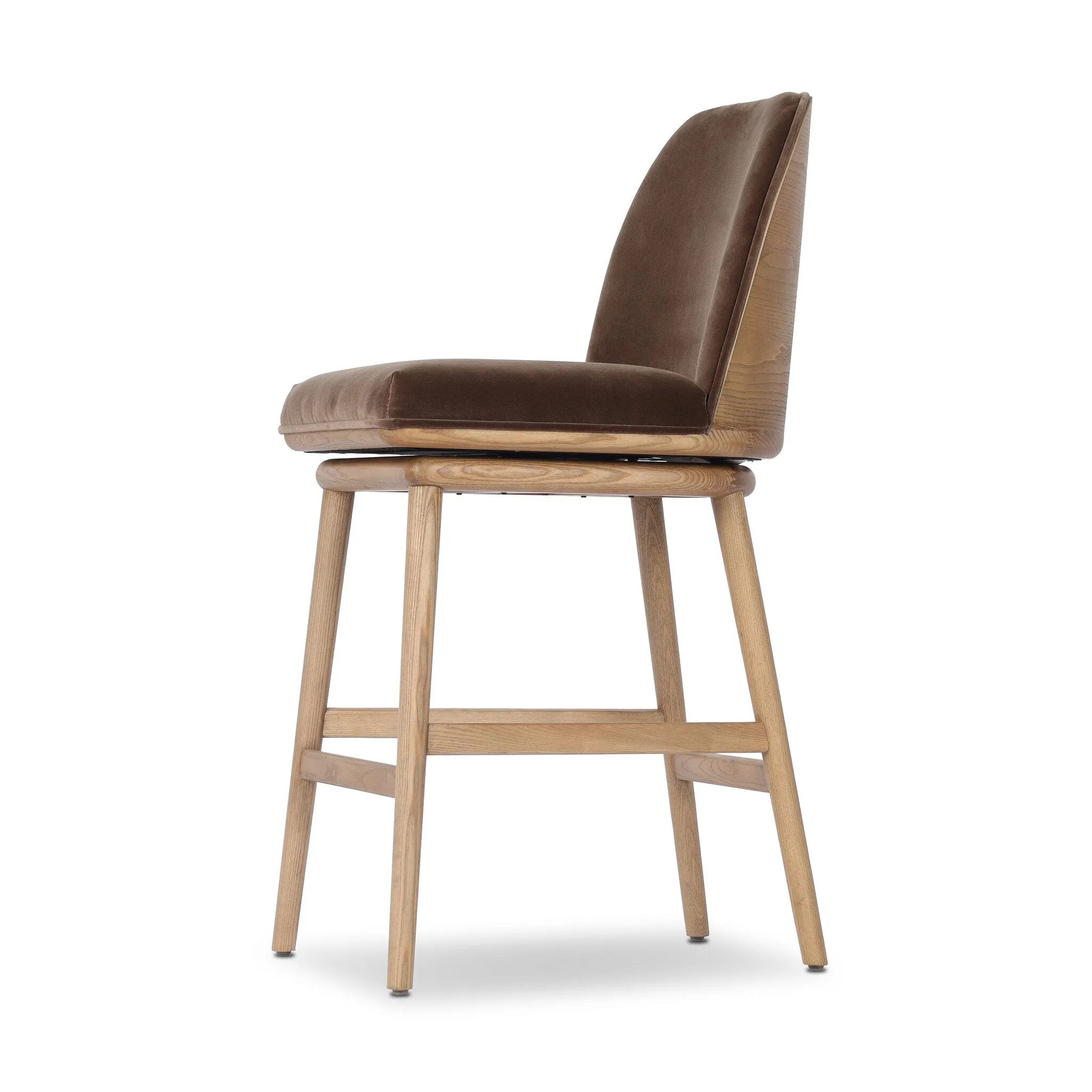 Solid ash wood forms a subtly curved back on this everyday counter stool. Its open frame and seat features rounded edges for 