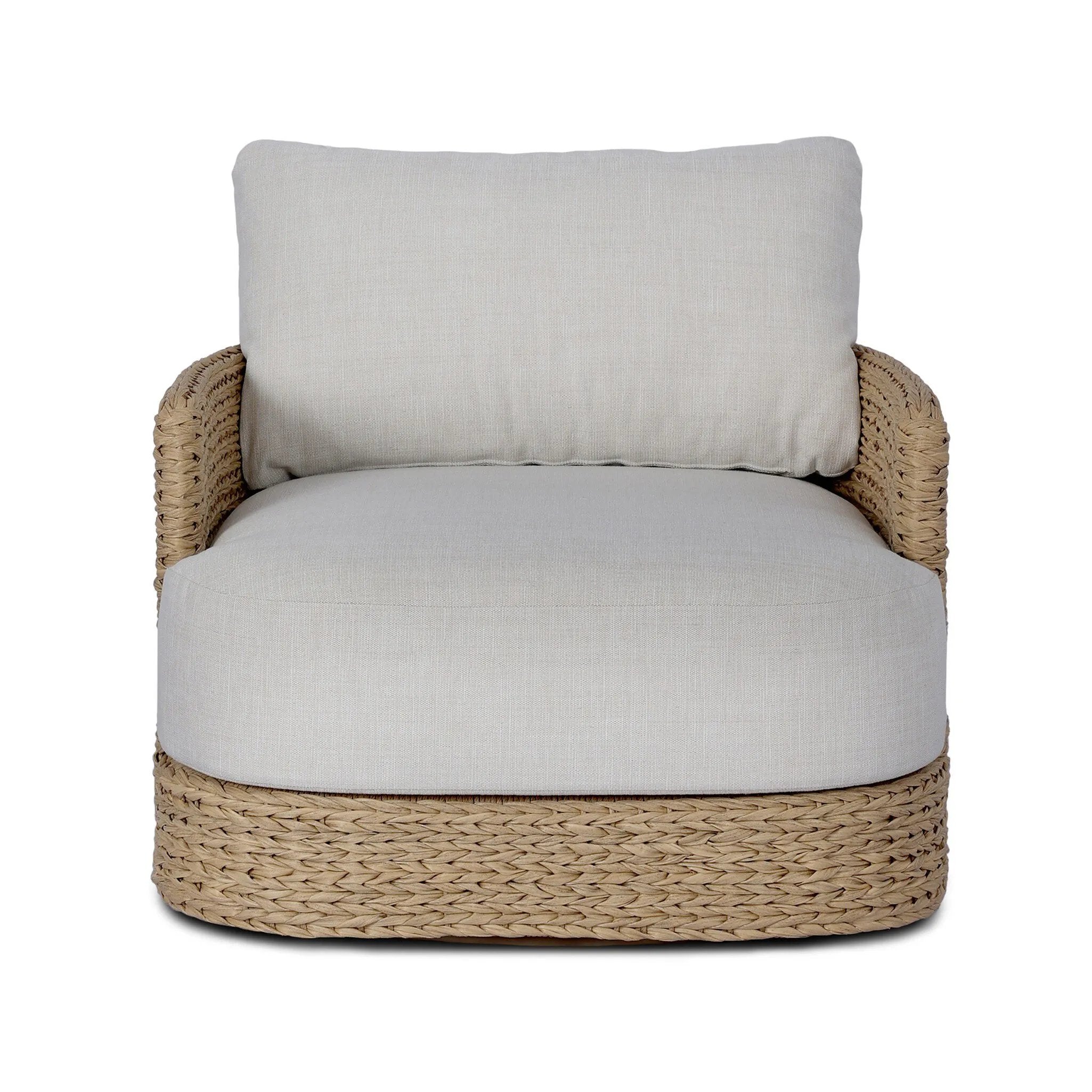 A classic barrel back silhouette meets coastal inspiration with a chunky woven texture. Neutral upholstery and simple shaping make this 360 swivel outdoor chair fit in a number of spaces. Cover or store indoors during inclement weather and when not in use. Amethyst Home provides interior design, new home construction design consulting, vintage area rugs, and lighting in the Boston metro area.