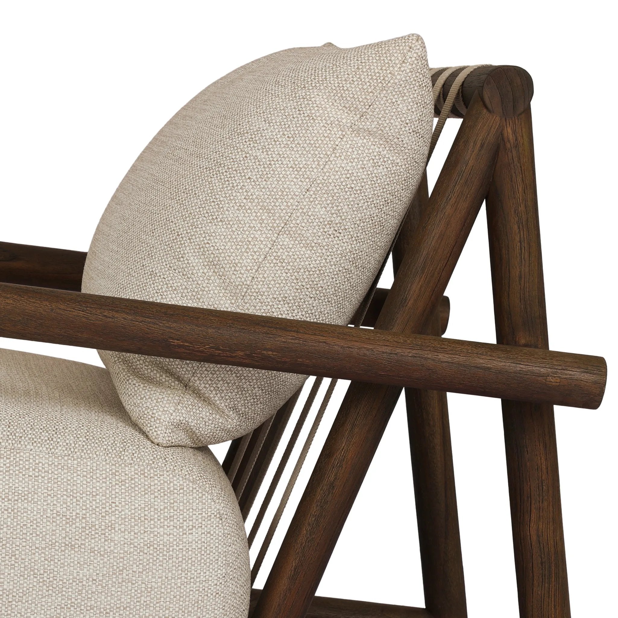 Featuring Cardiff Faye Sand Outdoor Chair by Four Hands at Amethyst Home. Angular FSC®-certified teak framing paired with softened dowel edges crafts a bench-made, transitional outdoor chair. Strap detailing supports the loose, knife-edge back cushion, complemented by a heavy fixed seat cushion — adding a touch of weight to the airy design. Cover or st. Amethyst Home provides interior design, new home construction design consulting, vintage area rugs, and lighting in the Salt Lake City metro area.