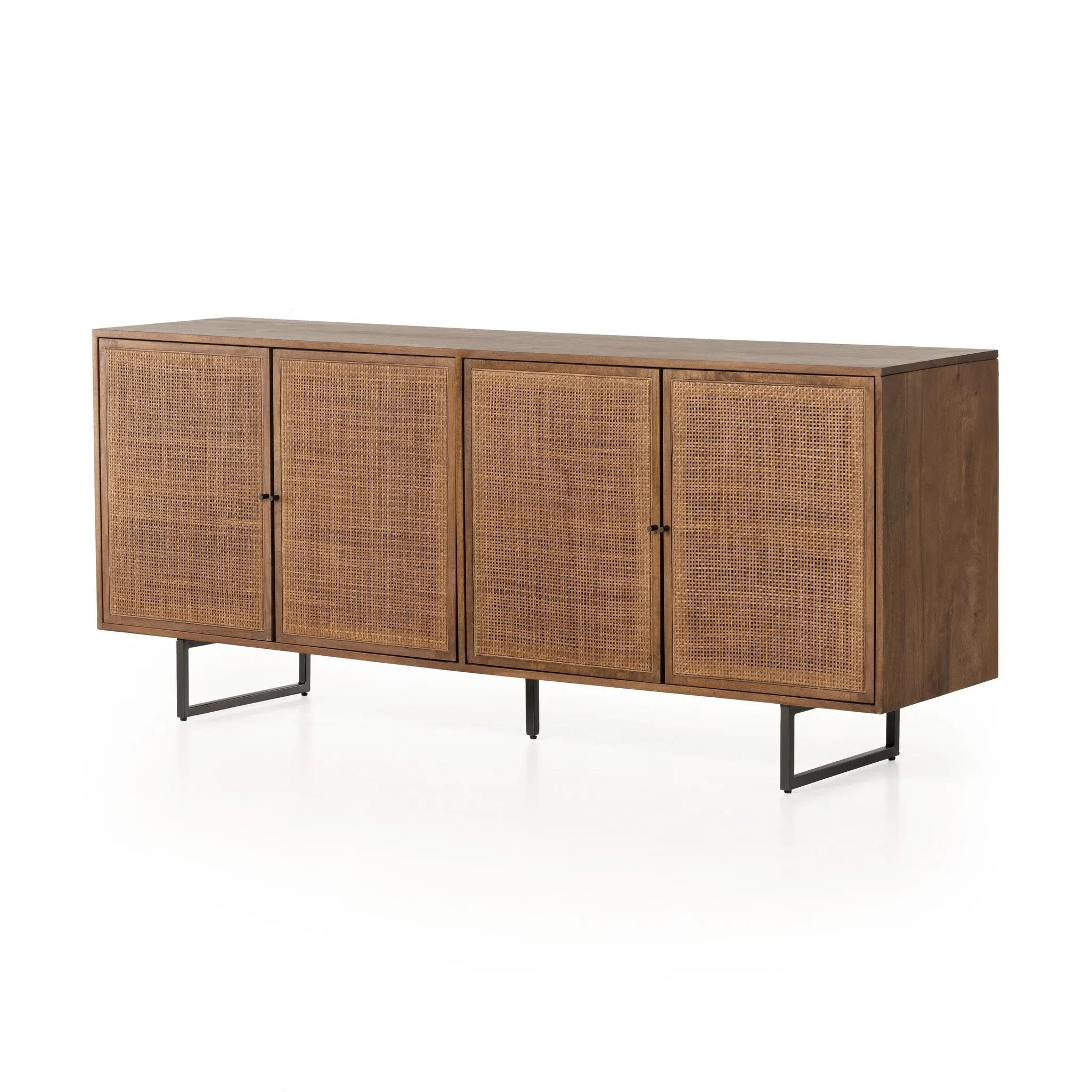 Midcentury-inspired style with an organic twist. Surrounded by brown-washed solid mango casing, cane door fronts weave for a look of great depth. Angular iron legs offer an intriguing contrast of texture and tone Amethyst Home provides interior design, new home construction design consulting, vintage area rugs, and lighting in the San Diego metro area.