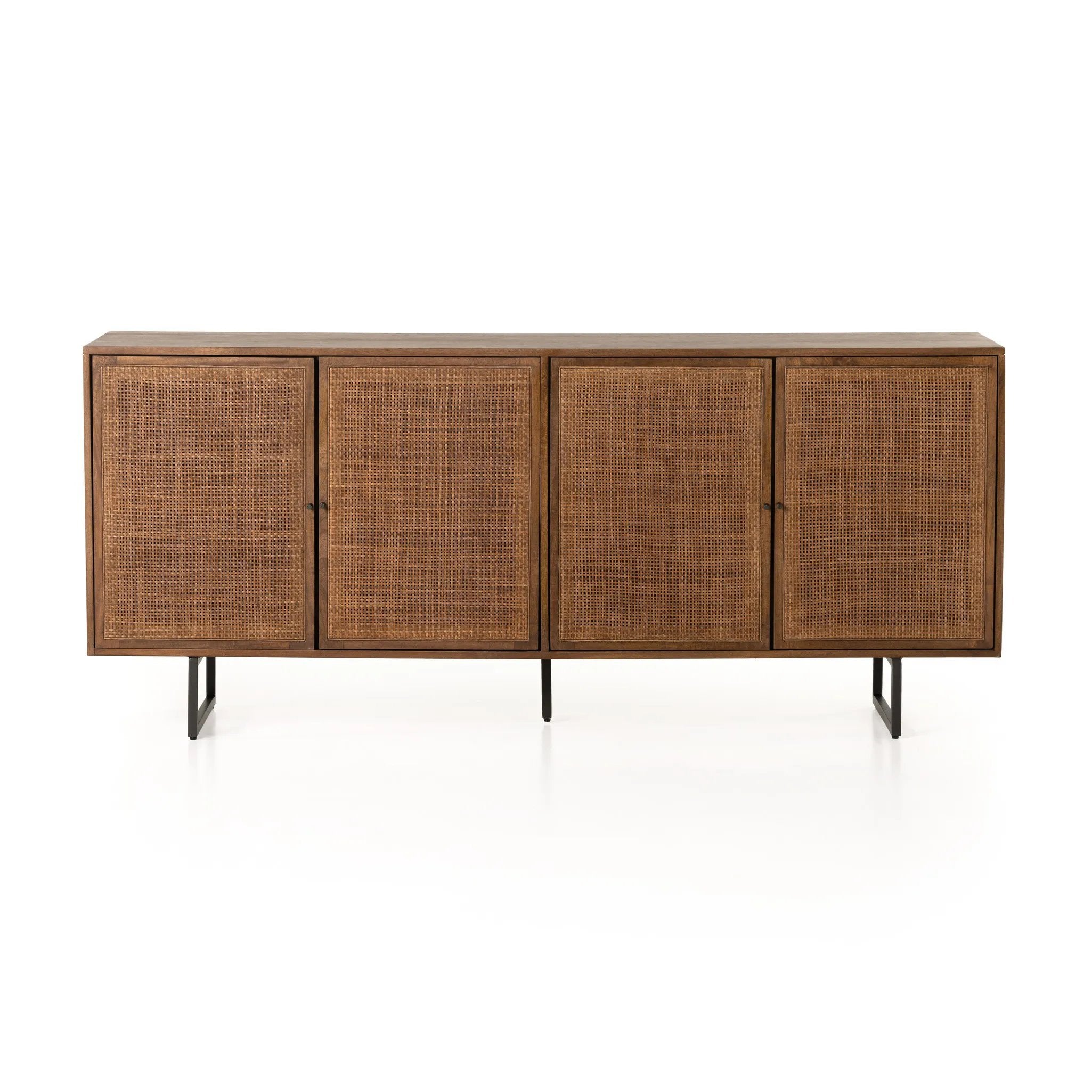 Midcentury-inspired style with an organic twist. Surrounded by brown-washed solid mango casing, cane door fronts weave for a look of great depth. Angular iron legs offer an intriguing contrast of texture and tone Amethyst Home provides interior design, new home construction design consulting, vintage area rugs, and lighting in the Seattle metro area.