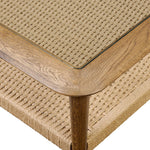 Anchor your space with mixed materials. Made from brown oak, natural paper cord and tempered glass, with shelving for extra storage and display Amethyst Home provides interior design, new home construction design consulting, vintage area rugs, and lighting in the Des Moines metro area.
