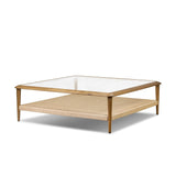 Anchor your space with mixed materials. Made from brown oak, natural paper cord and tempered glass, with shelving for extra storage and display Amethyst Home provides interior design, new home construction design consulting, vintage area rugs, and lighting in the Park City metro area.