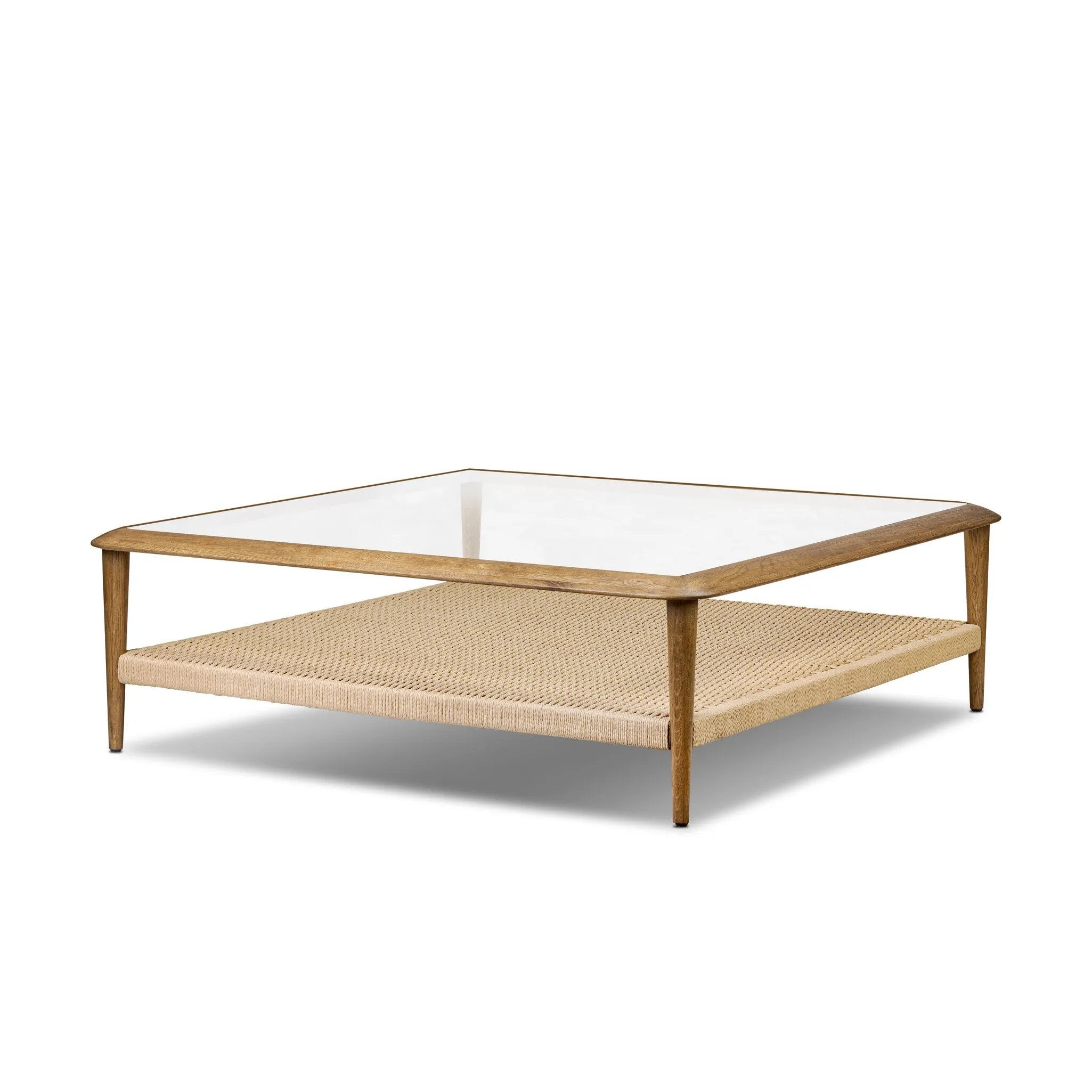 Anchor your space with mixed materials. Made from brown oak, natural paper cord and tempered glass, with shelving for extra storage and display Amethyst Home provides interior design, new home construction design consulting, vintage area rugs, and lighting in the Park City metro area.
