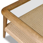Anchor your space with mixed materials. Made from brown oak, natural paper cord and tempered glass, with shelving for extra storage and display Amethyst Home provides interior design, new home construction design consulting, vintage area rugs, and lighting in the Scottsdale metro area.