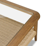 Anchor your space with mixed materials. Made from brown oak, natural paper cord and tempered glass, with shelving for extra storage and display Amethyst Home provides interior design, new home construction design consulting, vintage area rugs, and lighting in the Seattle metro area.