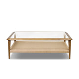 Anchor your space with mixed materials. Made from brown oak, natural paper cord and tempered glass, with shelving for extra storage and display Amethyst Home provides interior design, new home construction design consulting, vintage area rugs, and lighting in the Tampa metro area.