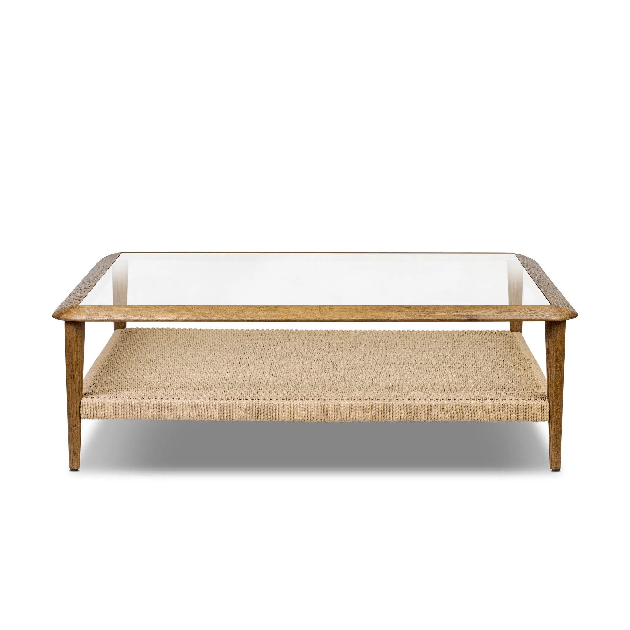 Anchor your space with mixed materials. Made from brown oak, natural paper cord and tempered glass, with shelving for extra storage and display Amethyst Home provides interior design, new home construction design consulting, vintage area rugs, and lighting in the Tampa metro area.
