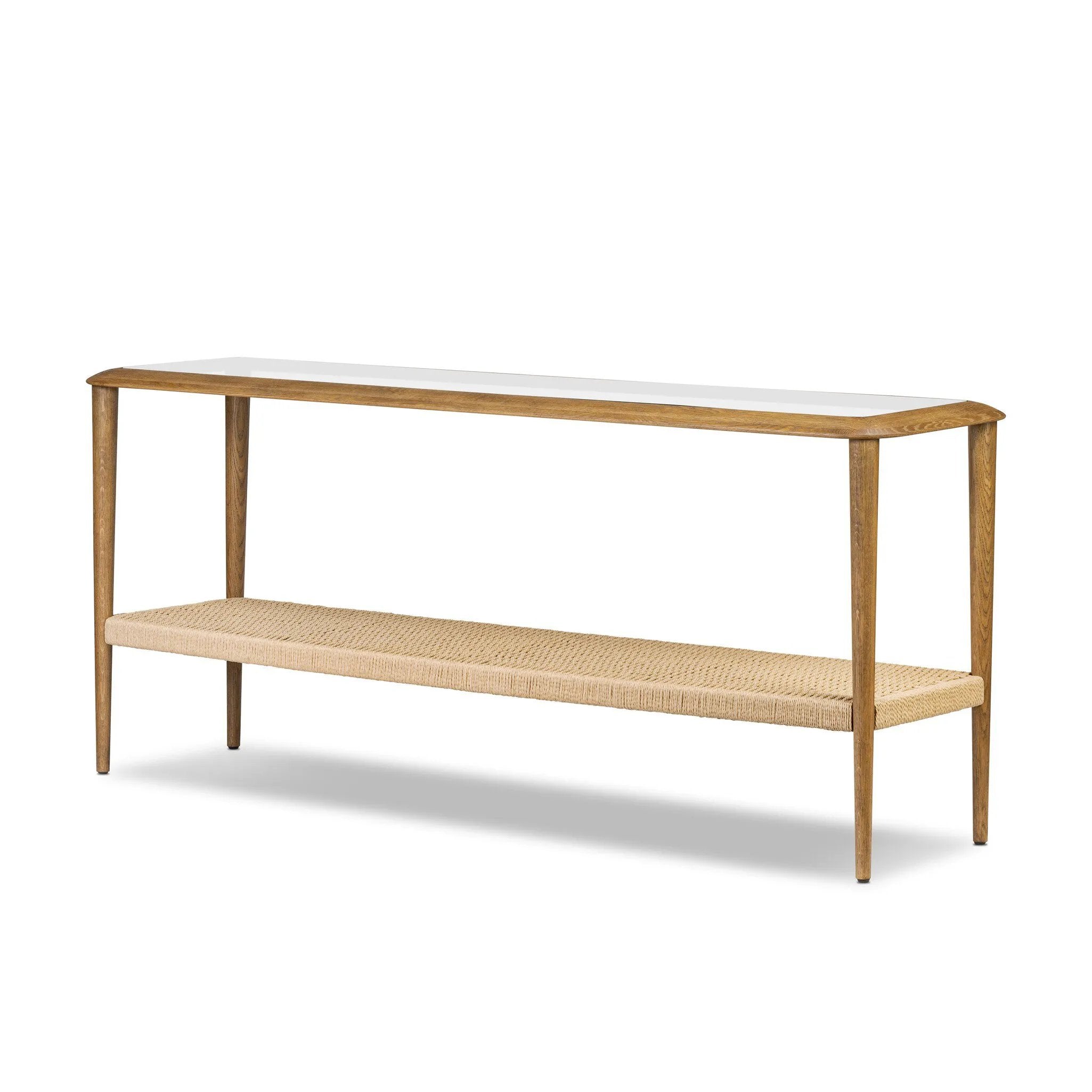 Made from brown oak, woven paper cord and tempered glass, an open-style console works into any space or style with ease, thanks to its beautifully versatile design Amethyst Home provides interior design, new home construction design consulting, vintage area rugs, and lighting in the Houston metro area.