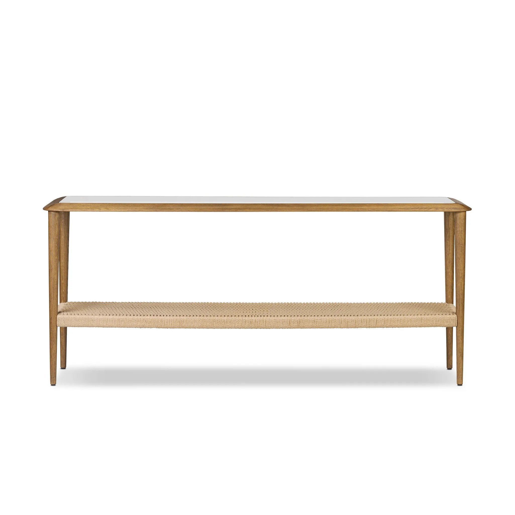 Made from brown oak, woven paper cord and tempered glass, an open-style console works into any space or style with ease, thanks to its beautifully versatile design Amethyst Home provides interior design, new home construction design consulting, vintage area rugs, and lighting in the San Diego metro area.