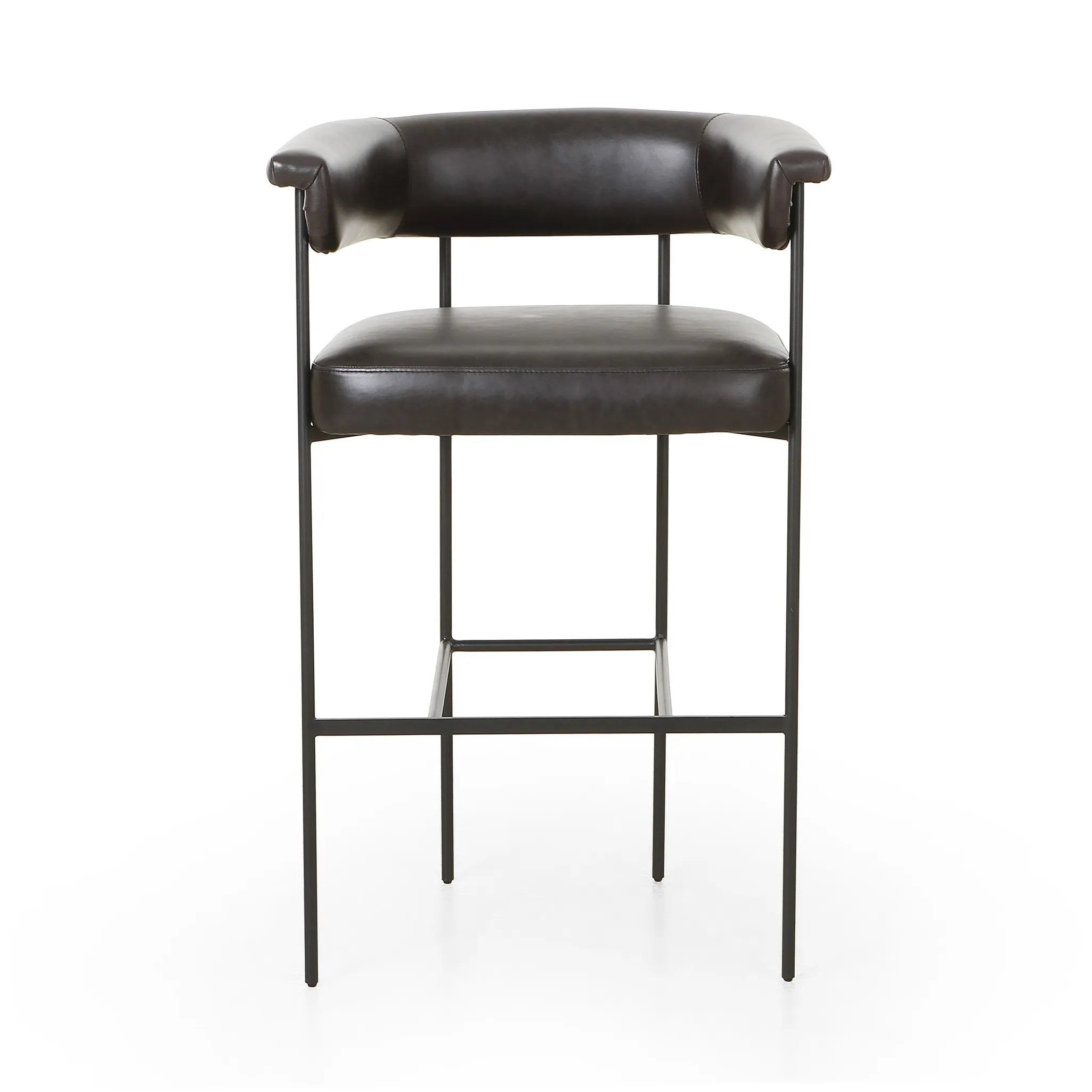 Featuring Carrie Sonoma Black Bar + Counter Stool by Four Hands at Amethyst Home. Airy and light with slim, black-finished iron framing, top-grain leather lends texture to a beautifully sculpted bar stool featuring a yoke back plus fold detailing.BarOverall Dimensions: 25.50"w x 23.00"d x 39.50"hWeight: 33.95 lbsCounterOverall Dimensions: 25.50"w x 23.00"d . Amethyst Home provides interior design, new home construction design consulting, vintage area rugs, and lighting in the Park City metro area.