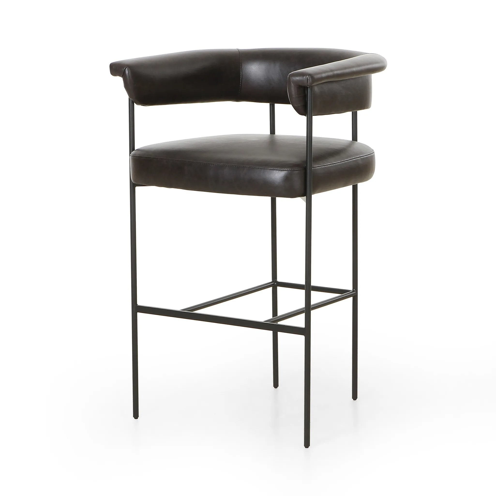 Featuring Carrie Sonoma Black Bar + Counter Stool by Four Hands at Amethyst Home. Airy and light with slim, black-finished iron framing, top-grain leather lends texture to a beautifully sculpted bar stool featuring a yoke back plus fold detailing.BarOverall Dimensions: 25.50"w x 23.00"d x 39.50"hWeight: 33.95 lbsCounterOverall Dimensions: 25.50"w x 23.00"d. Amethyst Home provides interior design, new home construction design consulting, vintage area rugs, and lighting in the Washington metro area.