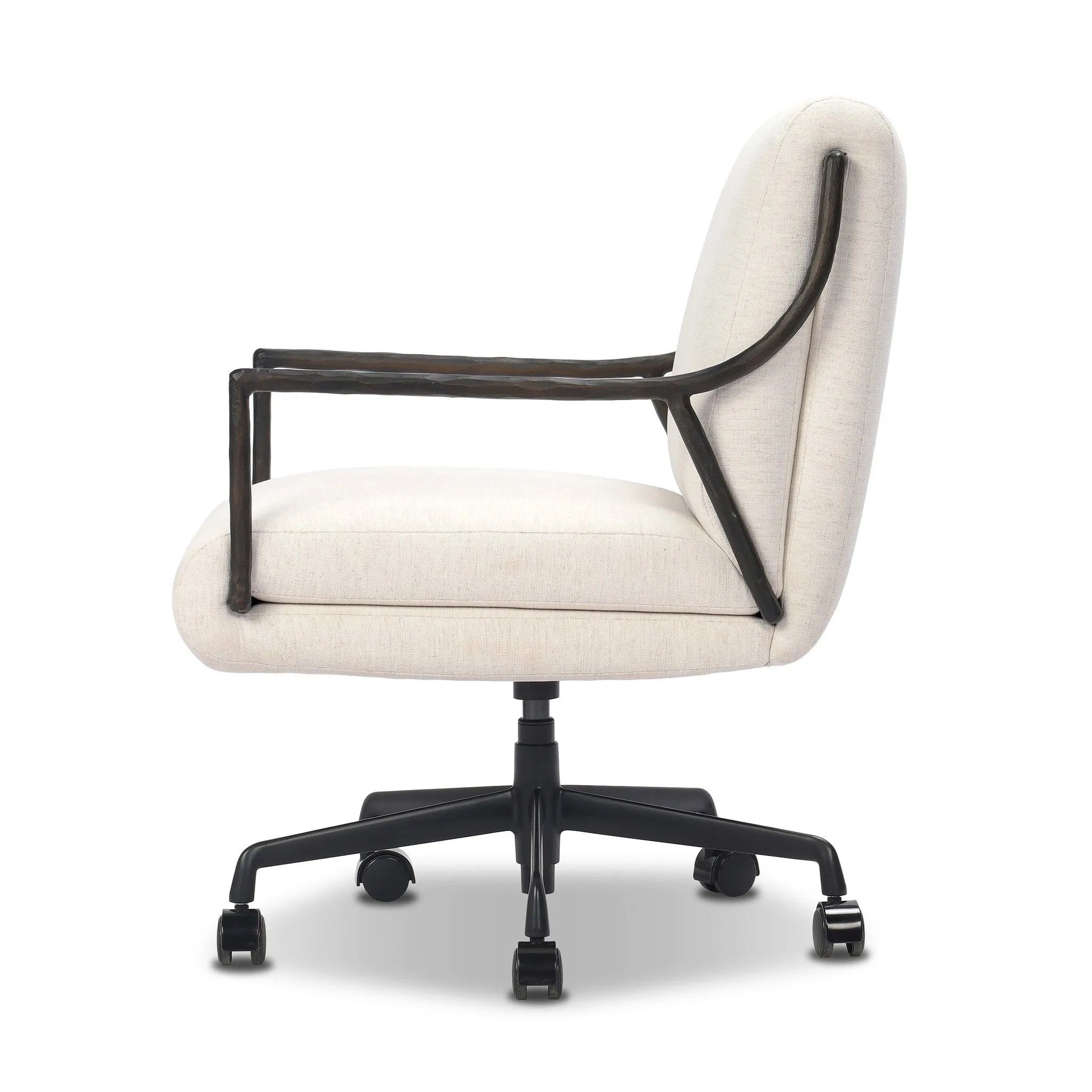 Sink-in comfort, modern appeal and no fuss. This Deco-inspired desk chair's sloped hammered iron arms and ebony metal swivel base stand out against snow white upholstery. Crypton® performance fabric is specially engineered for protection against stains, moisture and odor. Amethyst Home provides interior design, new home construction design consulting, vintage area rugs, and lighting in the Tampa metro area.