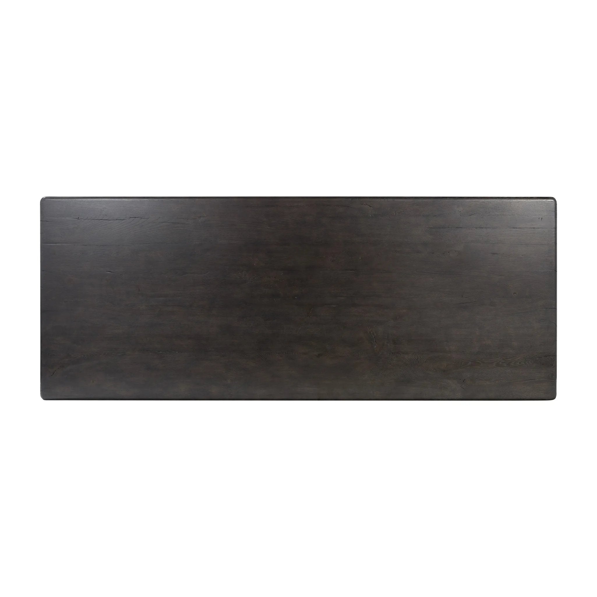 Featuring Castro Dark Espresso Reclaimed French Oak Dining Table 118" by Four Hands at Amethyst Home. Designed in partnership with longtime Four Hands collaborator Thomas Bina and Brazilian designer Ronald Sasson, a grand-scale dining table is made from solid reclaimed French oak finished in a deep espresso. Rounded edges add a softer, fluid look. Seats 12. Amethyst Home provides interior design, new home construction design consulting, vintage area rugs, and lighting in the Alpharetta metro area.