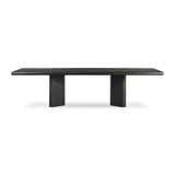 Featuring Castro Dark Espresso Reclaimed French Oak Dining Table 118" by Four Hands at Amethyst Home. Designed in partnership with longtime Four Hands collaborator Thomas Bina and Brazilian designer Ronald Sasson, a grand-scale dining table is made from solid reclaimed French oak finished in a deep espresso. Rounded edges add a softer, fluid look. Seats 1. Amethyst Home provides interior design, new home construction design consulting, vintage area rugs, and lighting in the Los Angeles metro area.