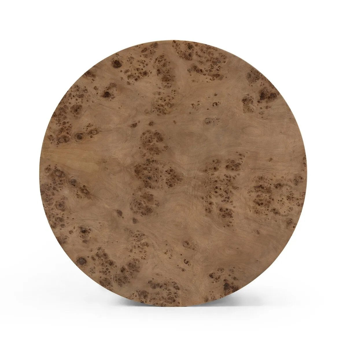 Simple drum shaping showcases the natural artistry of the richly grained caramel burl veneer. Its compact size is ideal for smaller spaces.Collection: Hughe Amethyst Home provides interior design, new home construction design consulting, vintage area rugs, and lighting in the Des Moines metro area.