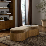 Elevate any room with a curvy statement bench. Made from a kidney-shaped base of toasted ash veneer and a soft, velvety seat Amethyst Home provides interior design, new home construction design consulting, vintage area rugs, and lighting in the Park City metro area.