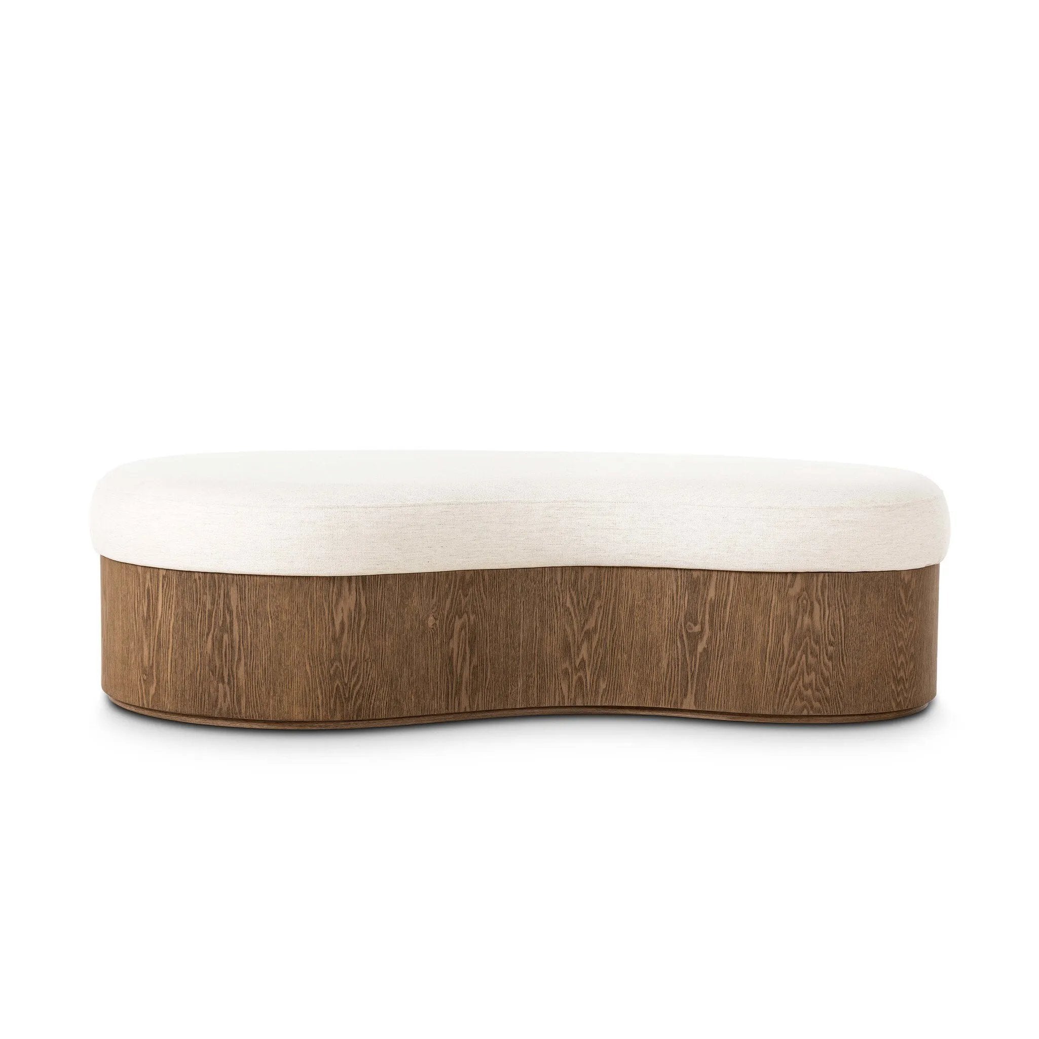 Elevate any room with a curvy statement bench. Made from a kidney-shaped base of toasted ash veneer and a soft, durable Crypton seat. Soft, easy to clean and free of PFAS, Crypton performance fabric is specially engineered for protection against stains, moisture and odor. Amethyst Home provides interior design, new home construction design consulting, vintage area rugs, and lighting in the Alpharetta metro area.