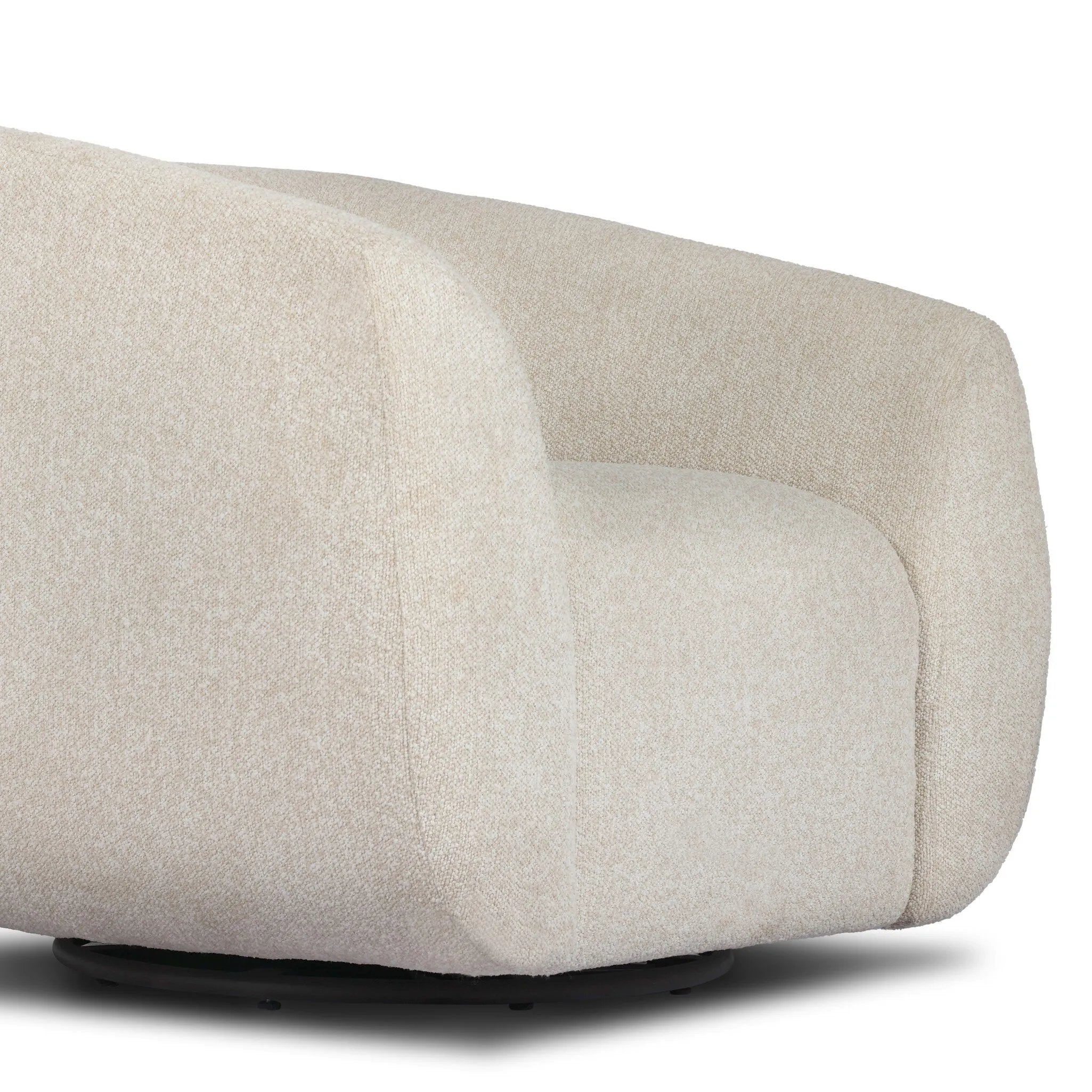 Meet modern comfort. Clean curves, impeccable tailoring and a soft, slightly heathered outdoor-friendly boucle bring an elevated, vintage European-inspired look to this outdoor swivel chair. Cover or store inside during inclement weather and when not in use. Amethyst Home provides interior design, new home construction design consulting, vintage area rugs, and lighting in the Laguna Beach metro area.