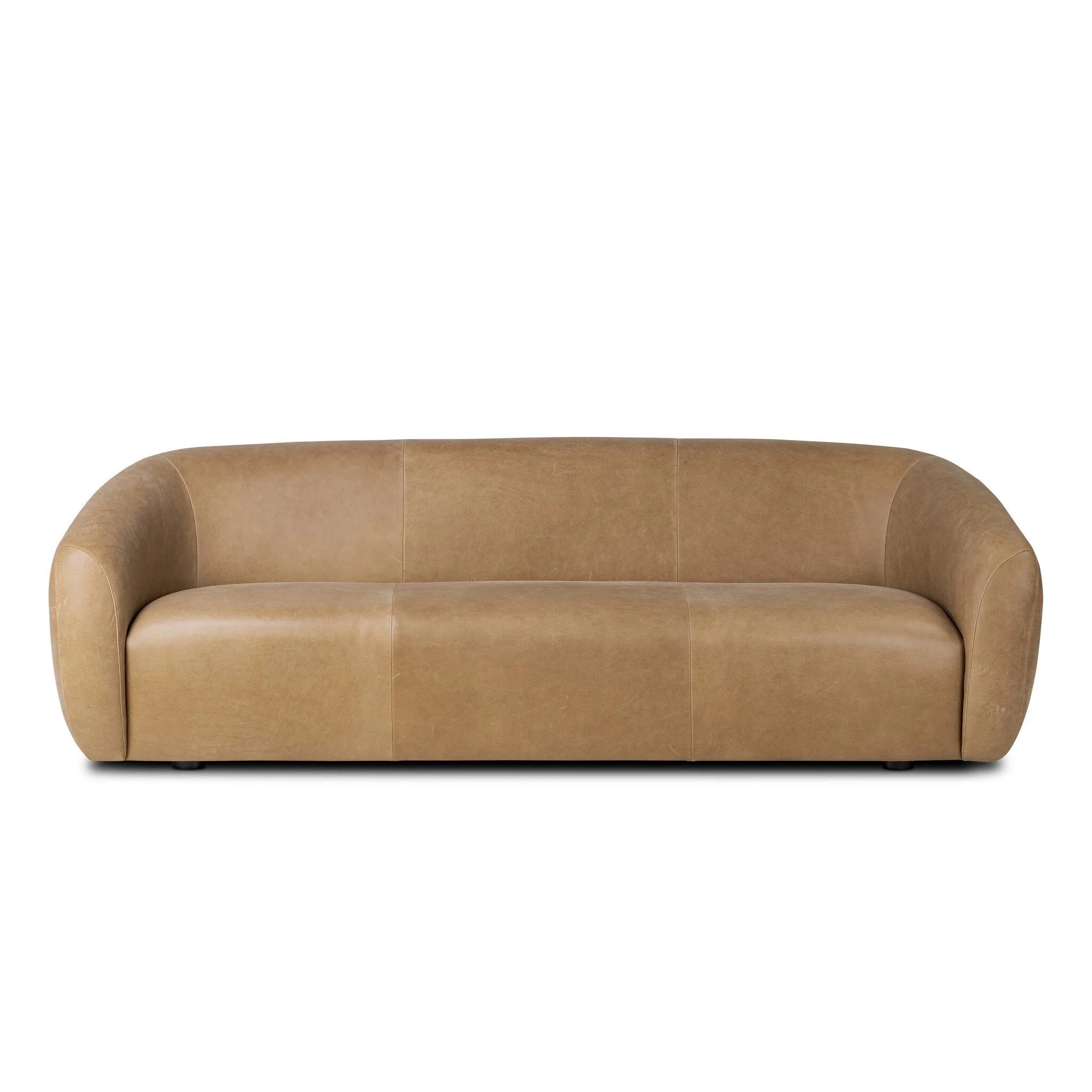 Meet modern comfort. Clean curves, impeccable tailoring and taupe top-grain leather with a pronounced grain bring an elevated, European-inspired look to this sofa Amethyst Home provides interior design, new home construction design consulting, vintage area rugs, and lighting in the Newport Beach metro area.