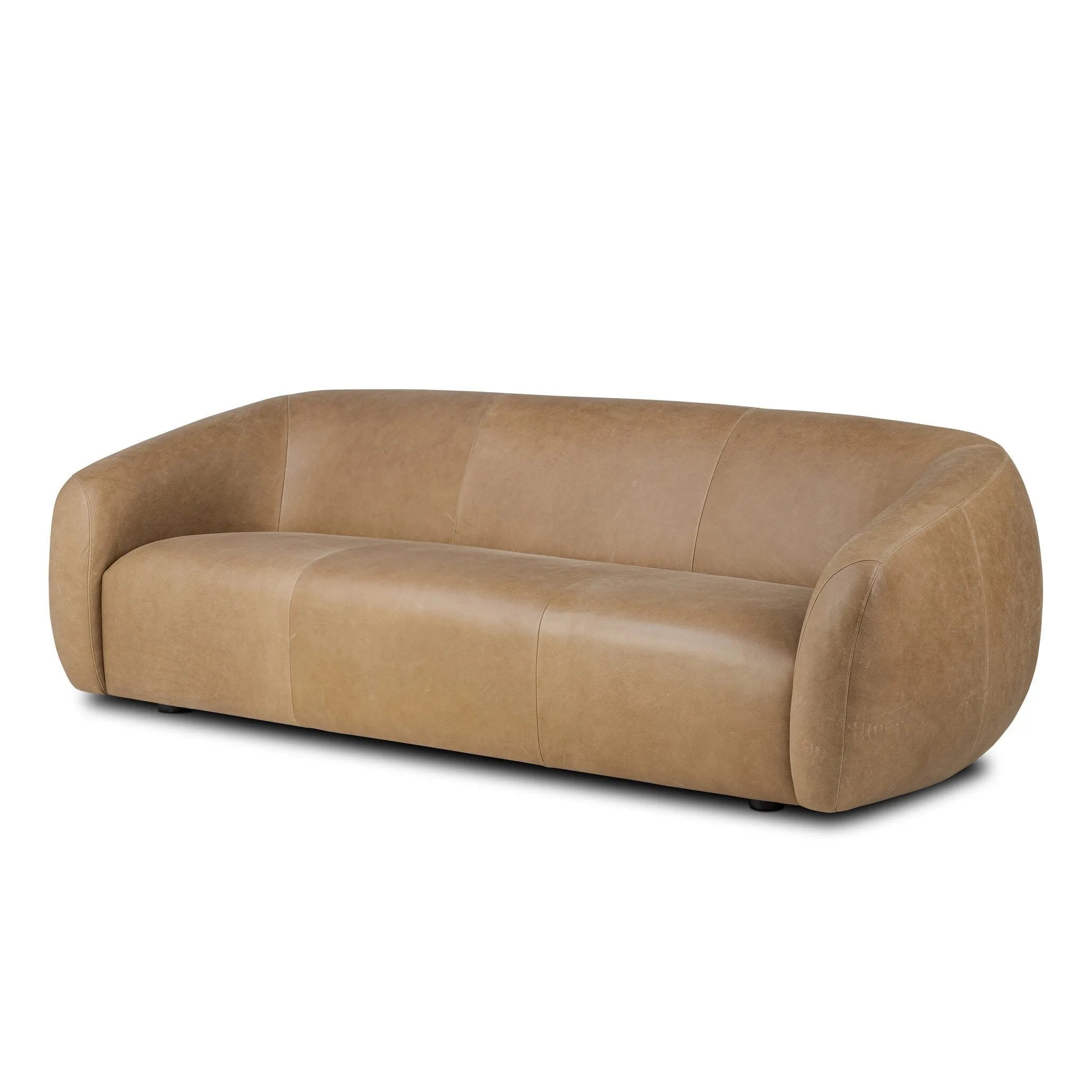 Meet modern comfort. Clean curves, impeccable tailoring and taupe top-grain leather with a pronounced grain bring an elevated, European-inspired look to this sofa Amethyst Home provides interior design, new home construction design consulting, vintage area rugs, and lighting in the Seattle metro area.