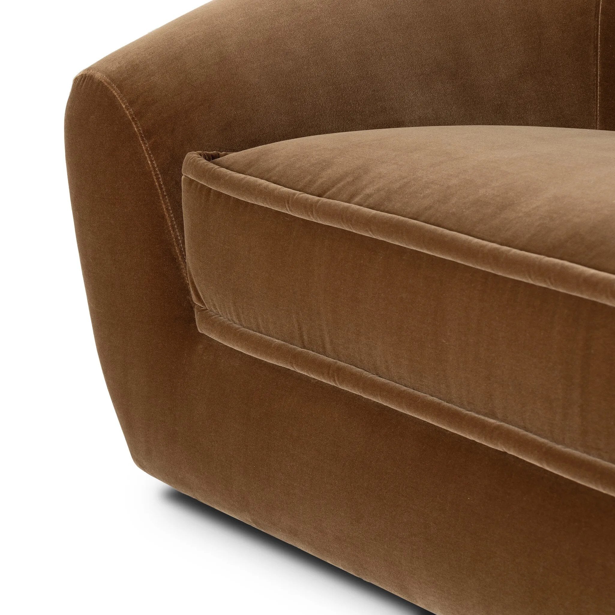 Inspired by French modernism, this dramatic sofa is defined by exaggerated curves, tapered arms and oversized welt detailing along the bench cushion for a tailored look. Performance fabrics are specially created to withstand spills, stains, high traffic and wear, ensuring long-term comfort and unmatched durability. Amethyst Home provides interior design, new home construction design consulting, vintage area rugs, and lighting in the Omaha metro area.